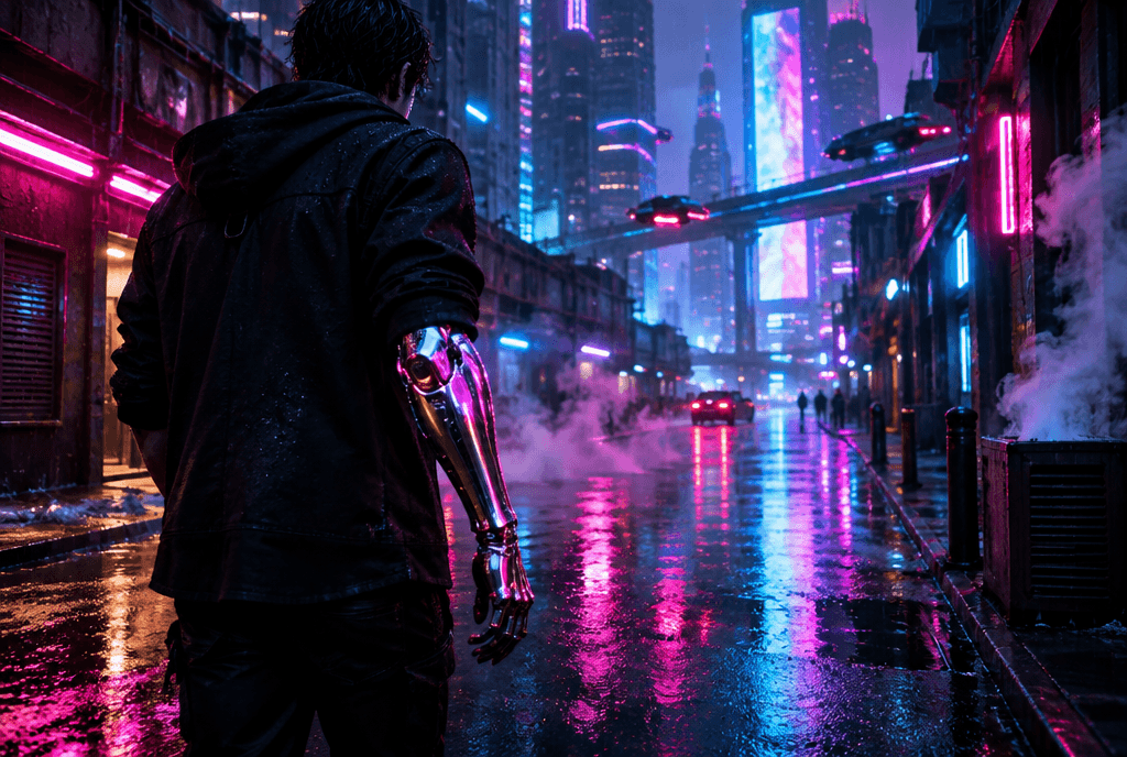 Regennasse Neon-Straße bei Nacht, eine Person mit verchromtem kybernetischem Unterarm, in dem sich magenta- und cyanfarbene Neonreklamen spiegeln
