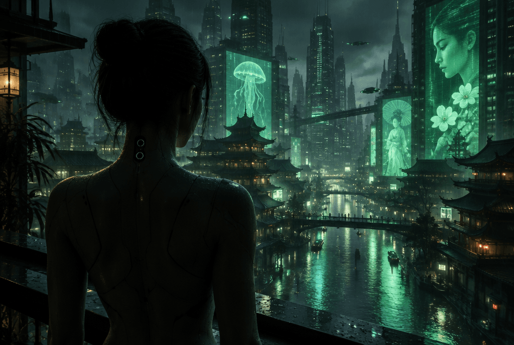 Silhouette einer Androidin von hinten mit Daten-Ports im Nacken, vor einer regennassen, grün beleuchteten Megacity