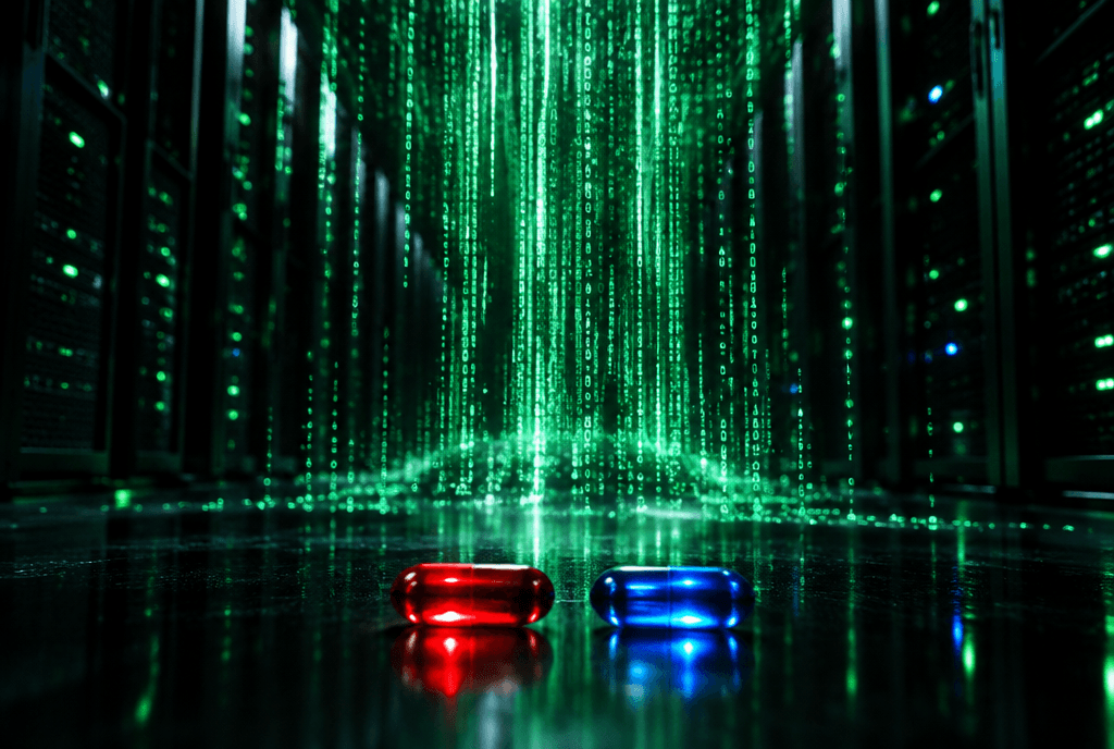 Dunkler Server-Korridor, der in einen Wasserfall aus grünem Digitalcode übergeht. Im Vordergrund eine rote und eine blaue Pille auf spiegelnder Fläche