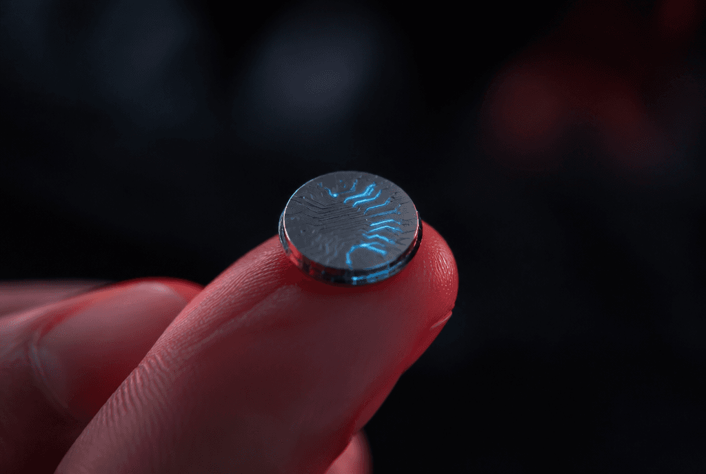 Makroaufnahme einer Fingerspitze, auf der ein münzgroßer Gehirnchip mit leuchtenden cyanfarbenen Leiterbahnen liegt