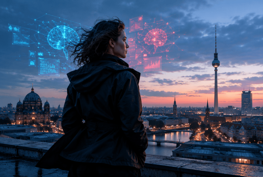 Eine Person steht im Morgengrauen auf einem Berliner Dach, um ihren Kopf schweben holografische Neuro-Interface-Panels in Cyan und Rot