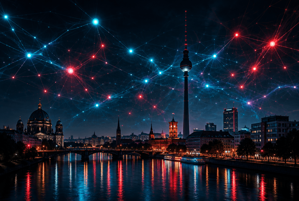 Berliner Skyline bei Nacht mit Fernsehturm unter einem leuchtenden neuronalen Netz