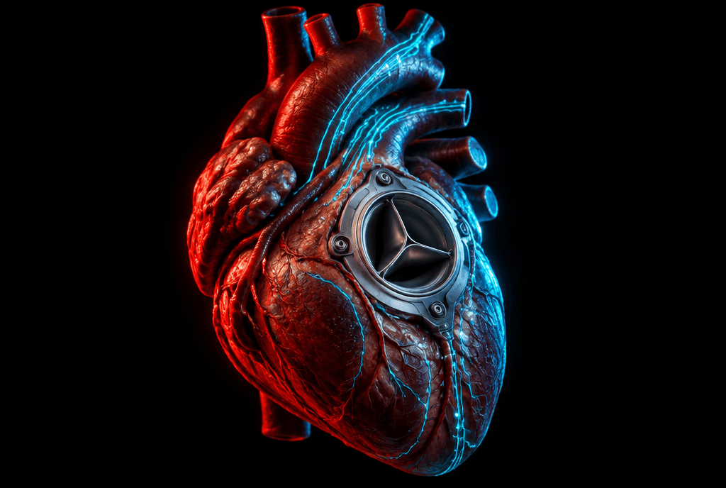 Anatomisches menschliches Herz mit integrierter mechanischer Herzklappe aus Titan und feinen, cyan leuchtenden Schaltkreisbahnen vor schwarzem Hintergrund