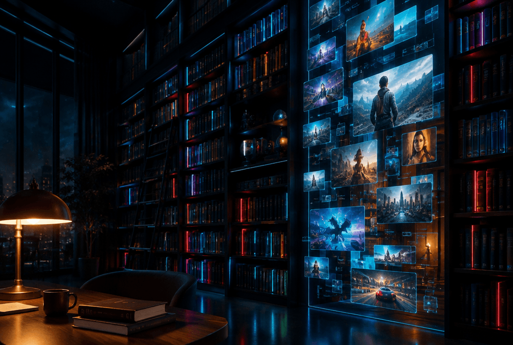 Dunkle futuristische Bibliothek, deren Buchrücken cyan und rot leuchten und in holografische Filmbilder übergehen