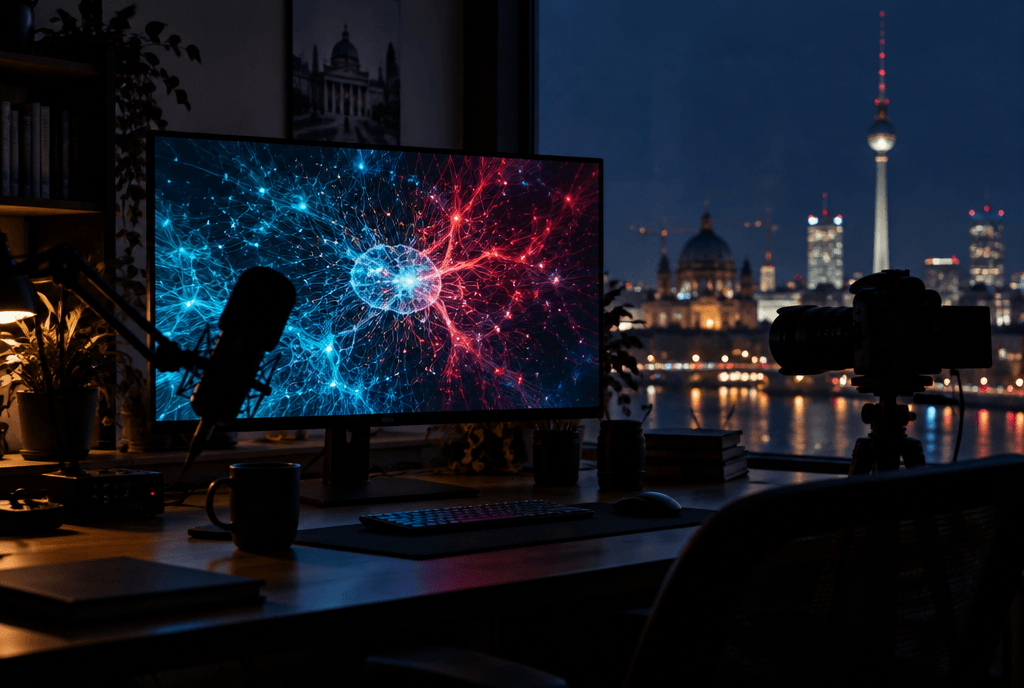 Dunkles Creator-Studio bei Nacht: Mikrofon und Kamera als Silhouetten vor einem großen Monitor mit leuchtender Neuronen-Netz-Visualisierung, im Fenster verschwommene Berliner Stadtlichter