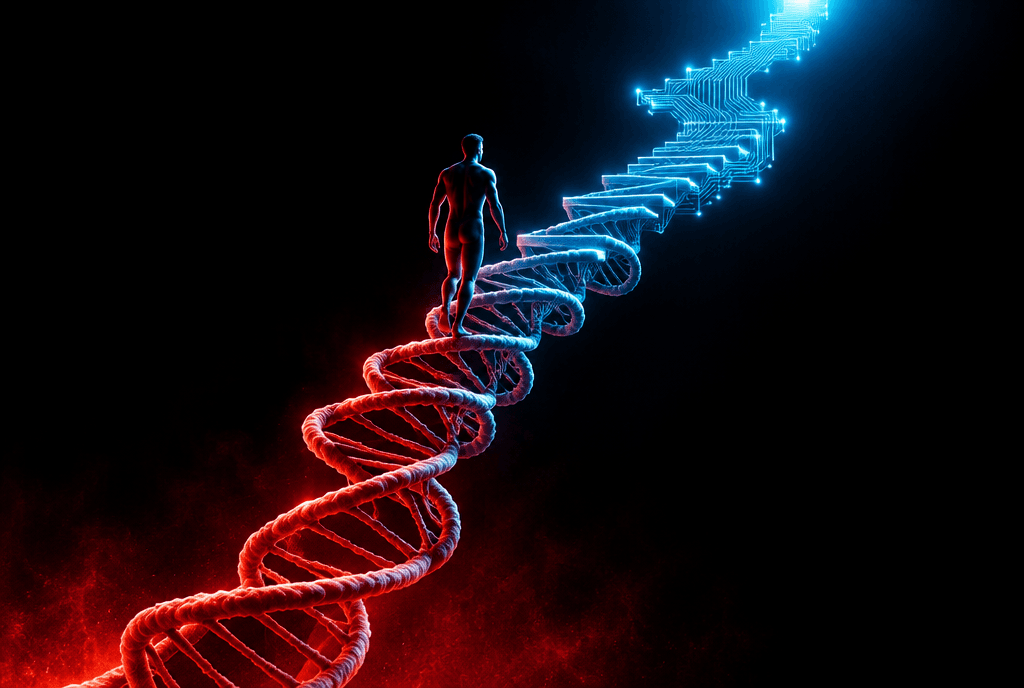 Eine menschliche Silhouette steigt eine Treppe hinauf, deren Stufen unten aus DNA-Doppelhelix-Strängen bestehen und oben in leuchtende Platinen-Leiterbahnen übergehen