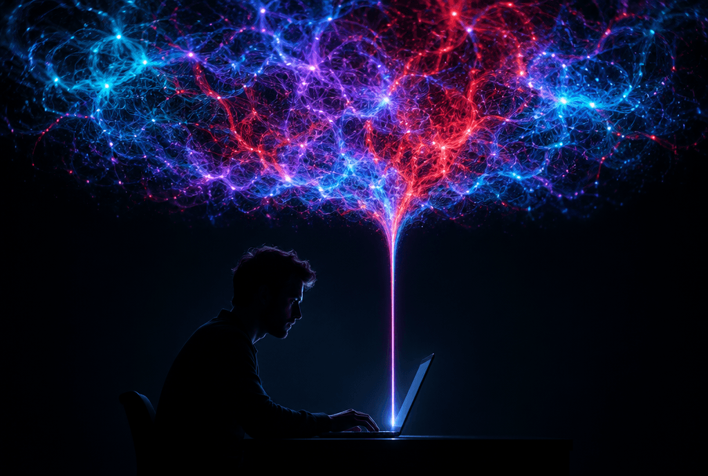 Silhouette eines Mannes am Laptop, über seinem Kopf eine riesige leuchtende Gedankenwolke, die sich durch einen einzigen dünnen Faden in den Rechner zwängt